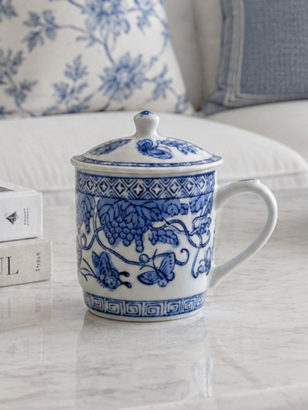 Vintage Blue and White Lidded Coffee or Tea Mug
